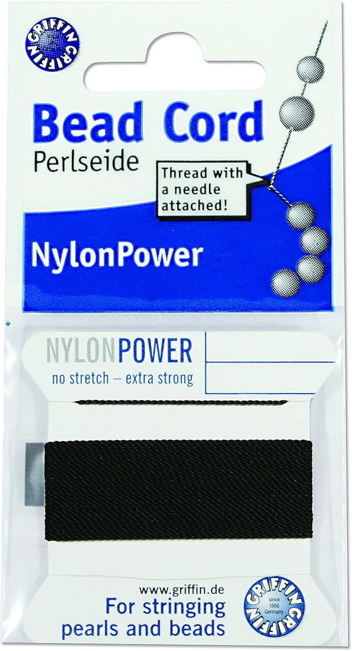 Griffin Nylon Bead Cord Perlseide – Size 3 (0.50mm) – 2 Meters per Card – Stainless Steel Needle Attached – for Knotting Pearls, Gemstones, Crystals and Beads